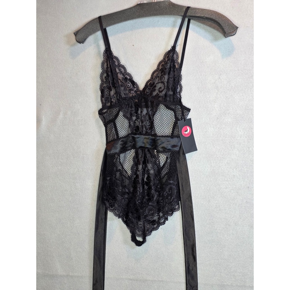 Garmol Black Lace Fishnet Teddy Bodysuit Satin Tie Small NWT T77001